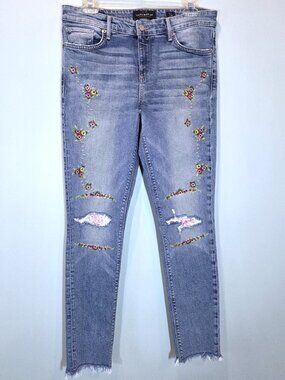 Lucky Embroidered Distressed Raw Hem Straight Leg Jeans Size 28
